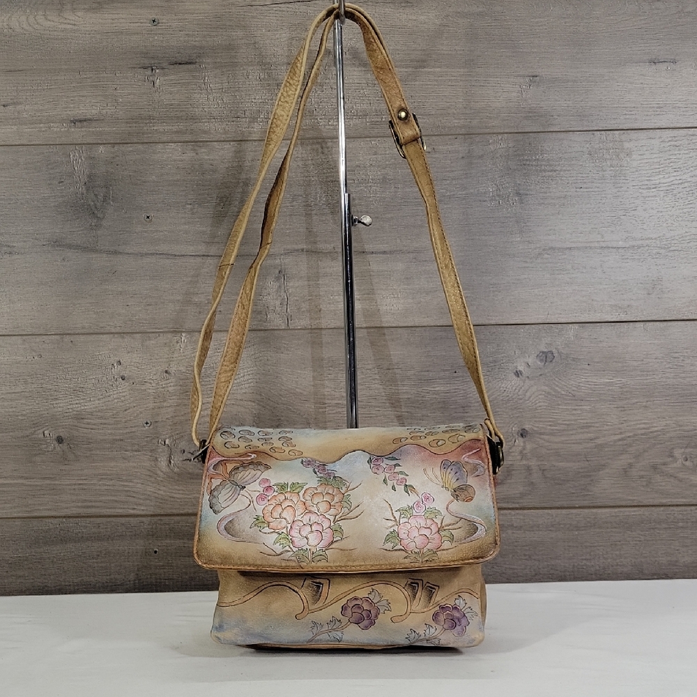 Anuschka Floral Beige Leather Crossbody Bag